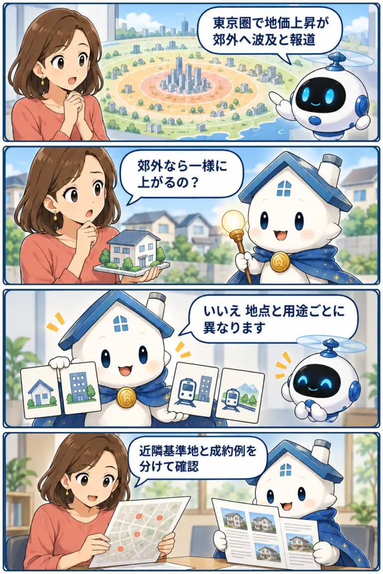 2026年基準地価、東京圏の郊外への波及を報じる記事の要点と確認点を、ヒロミとガーディアンが整理する縦4コマ漫画。