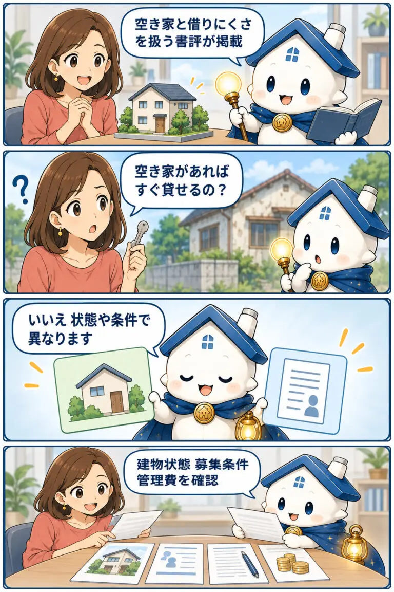 空き家があっても借りにくい問題を扱う書評を掲載の要点と確認点を、ヒロミとガーディアンが整理する縦4コマ漫画。