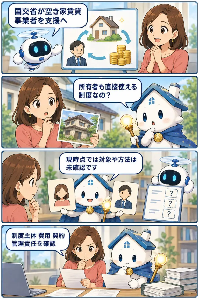 国交省、空き家賃貸を担う事業者の資金調達を支援への要点と確認点を、ヒロミとガーディアンが整理する縦4コマ漫画。
