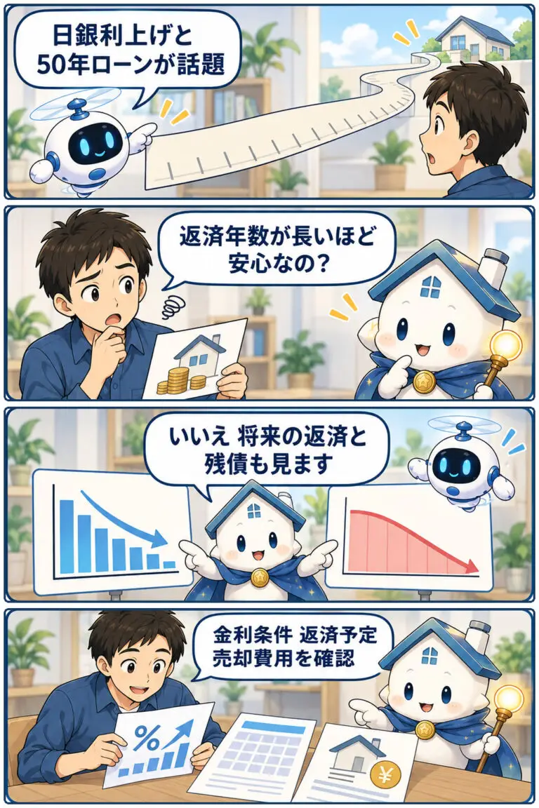日銀利上げで50年住宅ローンの返済・売却リスクに注目の要点と確認点を、ケンタとガーディアンが整理する縦4コマ漫画。