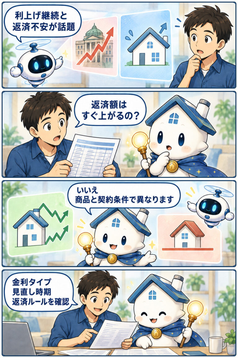 日銀の利上げ継続方針と住宅ローン返済不安の要点と確認点を、ケンタとガーディアンが整理する縦4コマ漫画。