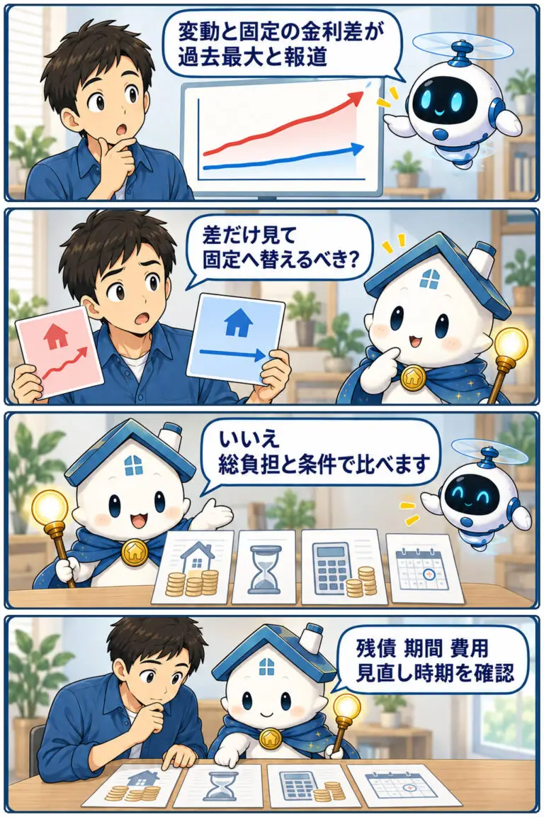 日銀利上げで住宅ローン金利に注目、変動・固定の差は過去最大と報道の要点と確認点を、ケンタとガーディアンが整理する縦4コマ漫画。