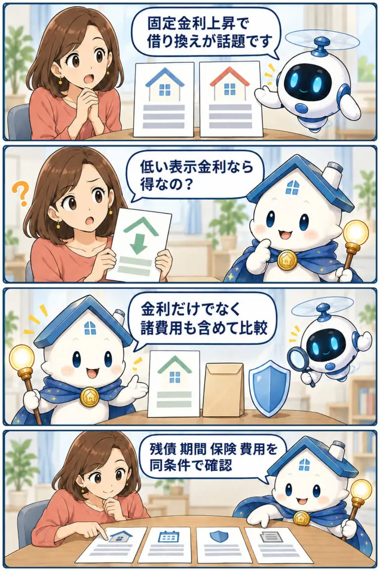 固定金利上昇と住宅ローン借り換え、まず確認したい点の要点と確認点を、ヒロミとガーディアンが整理する縦4コマ漫画。