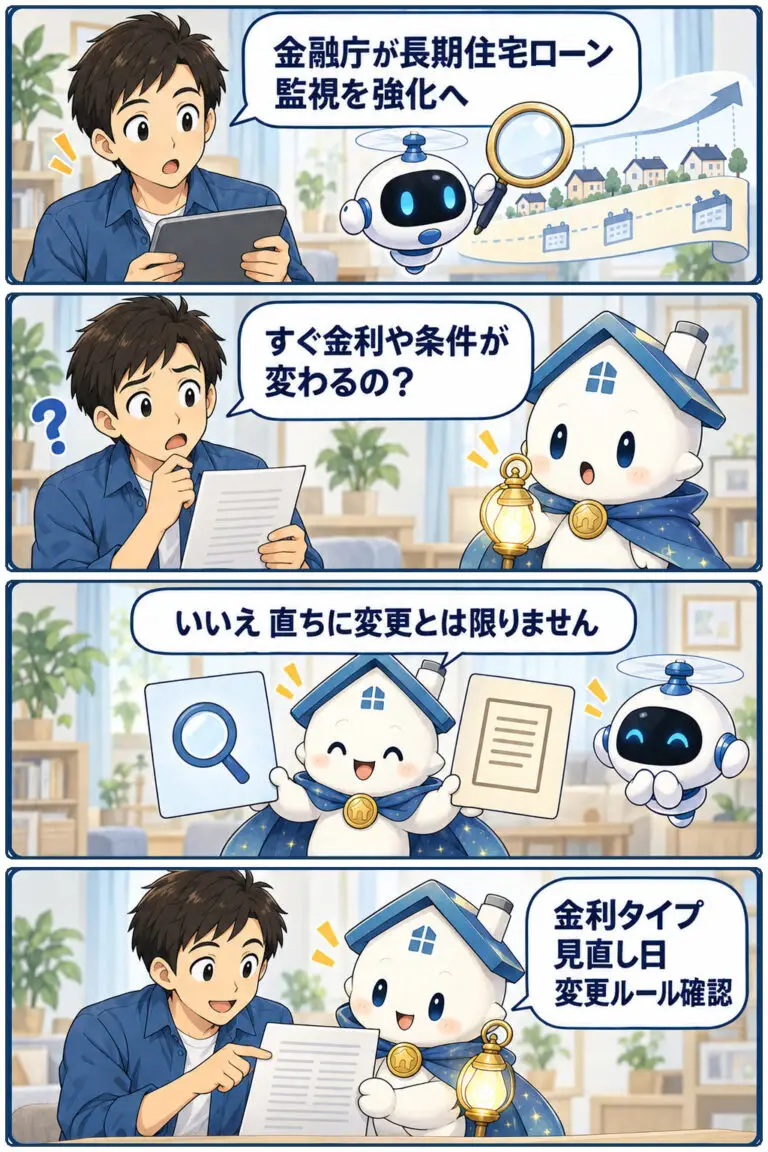 金融庁、金利上昇下の長期住宅ローンを監視強化への要点と確認点を、ケンタとガーディアンが整理する縦4コマ漫画。