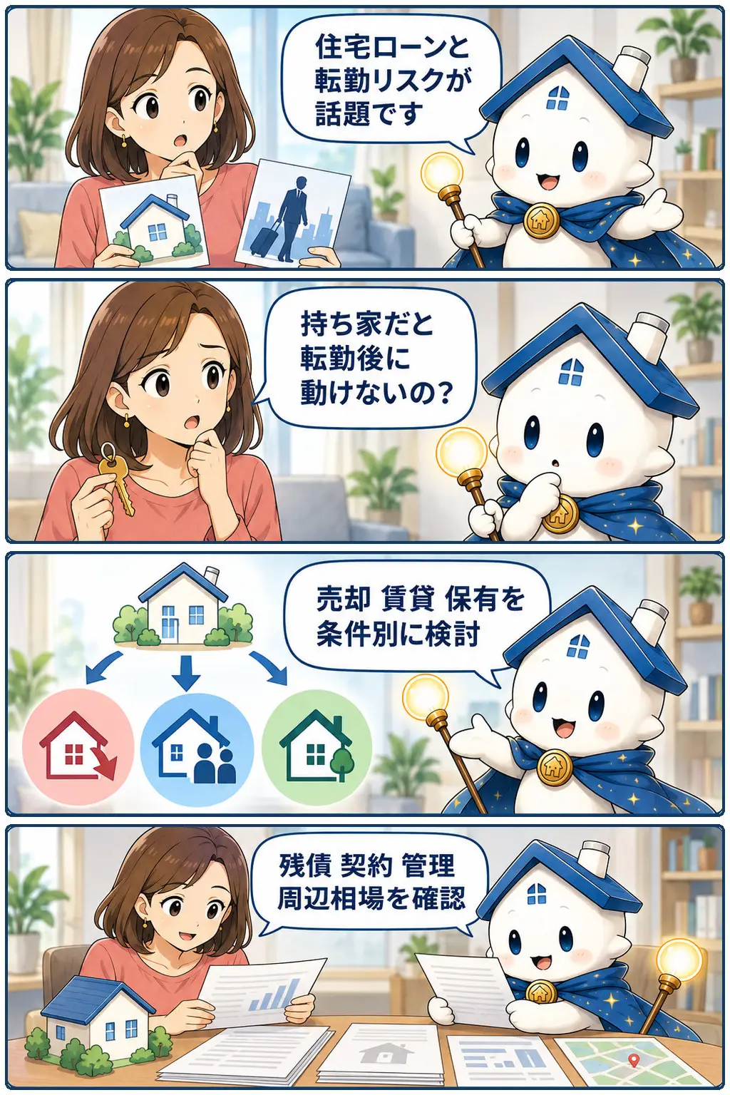 住宅ローンと転勤リスク、持ち家の自由度を考える論点の要点と確認点を、ヒロミとガーディアンが整理する縦4コマ漫画。
