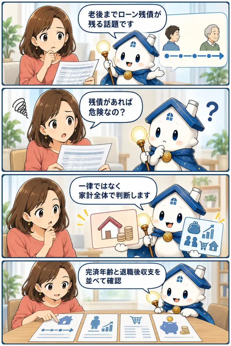 老後まで残る住宅ローン、返済計画を見直す視点の要点と確認点を、ヒロミとガーディアンが整理する縦4コマ漫画。