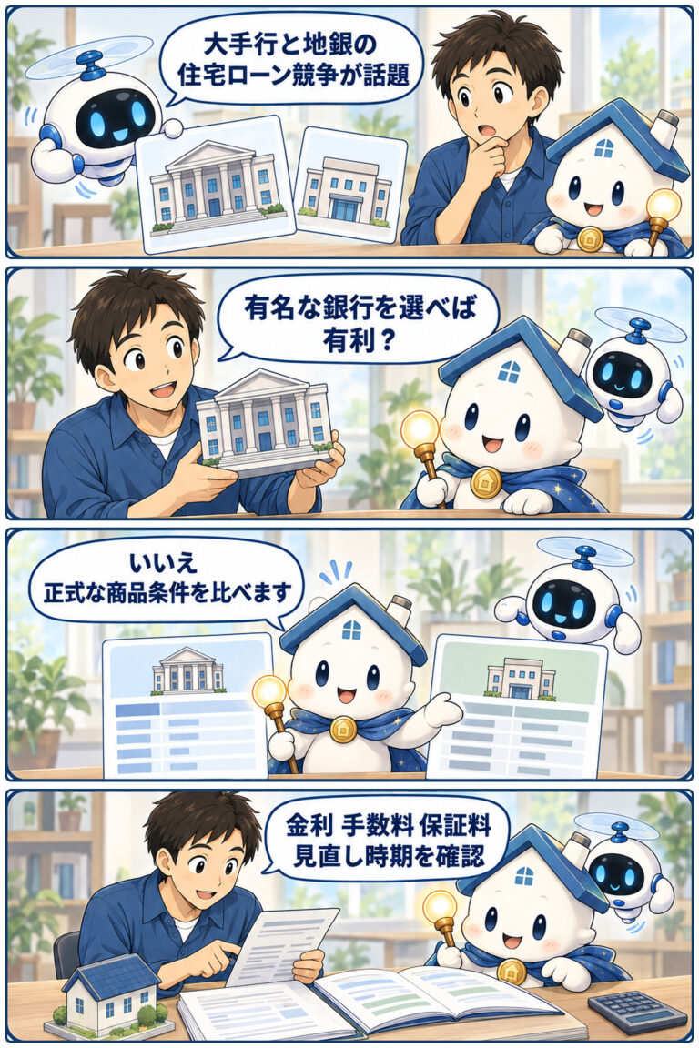 住宅ローン競争、大手行・地銀の存在感に注目の要点と確認点を、ケンタとガーディアンが整理する縦4コマ漫画。