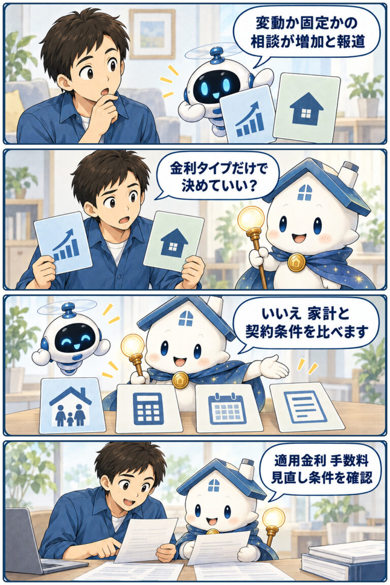 住宅ローンの変動・固定金利を巡る相談が増加の要点と確認点を、ケンタとガーディアンが整理する縦4コマ漫画。