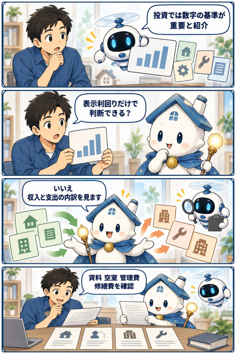 投資判断で問われる「適正な数字」の見方の要点と確認点を、ケンタとガーディアンが整理する縦4コマ漫画。