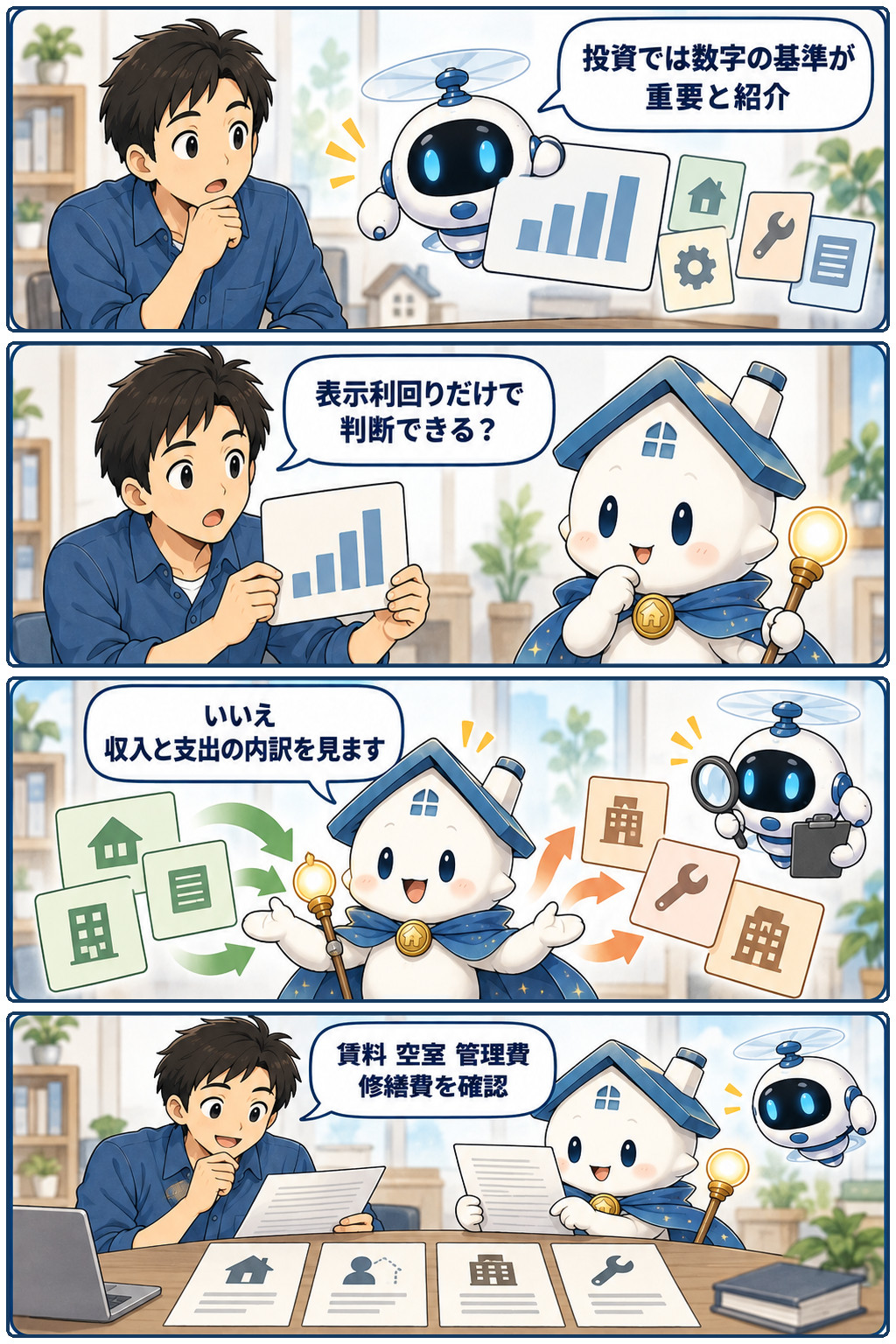 投資判断で問われる「適正な数字」の見方の要点と確認点を、ケンタとガーディアンが整理する縦4コマ漫画。