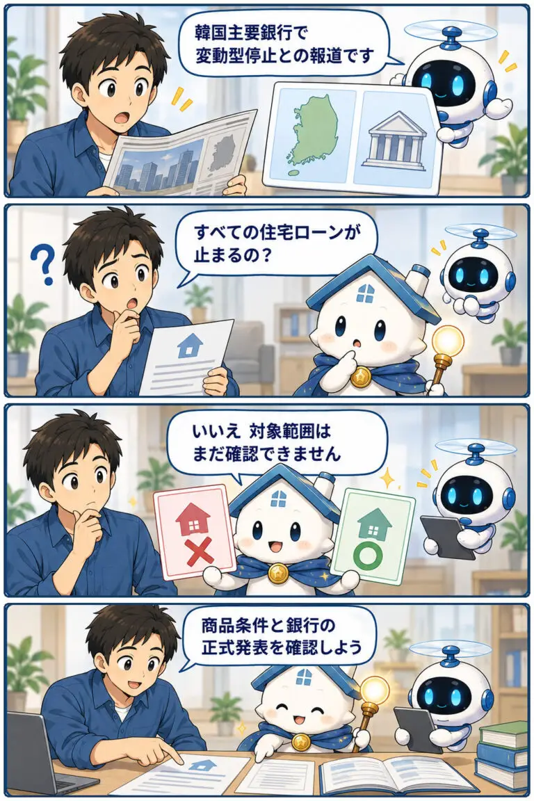 韓国主要銀行、変動金利型住宅ローンの停止報道の要点と確認点を、ケンタとガーディアンが整理する縦4コマ漫画。