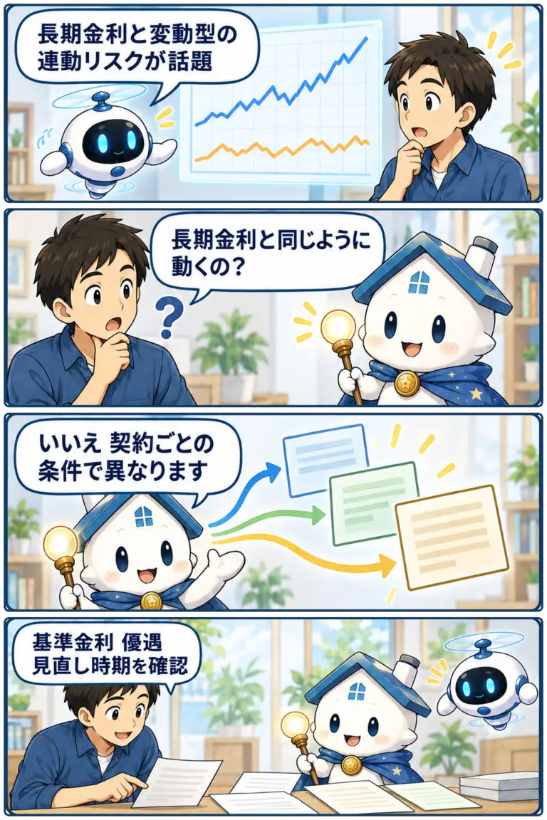 長期金利と変動型住宅ローンの連動リスクを確認の要点と確認点を、ケンタとガーディアンが整理する縦4コマ漫画。