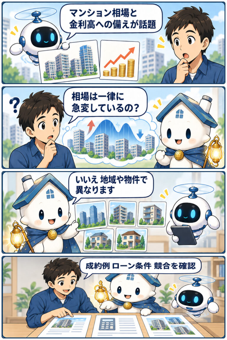 マンション相場、金利上昇への備えが論点にの要点と確認点を、ケンタとガーディアンが整理する縦4コマ漫画。