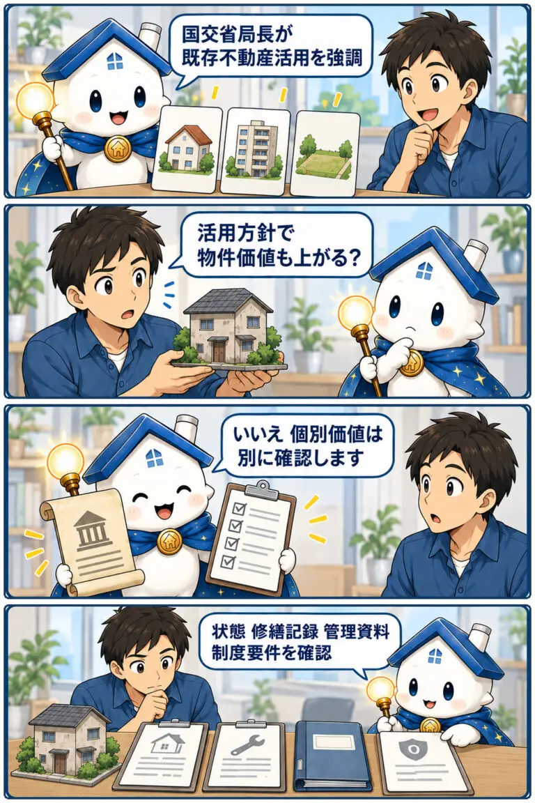 国交省局長が不動産ストック活用を強調、不動産業界に期待の要点と確認点を、ケンタとガーディアンが整理する縦4コマ漫画。