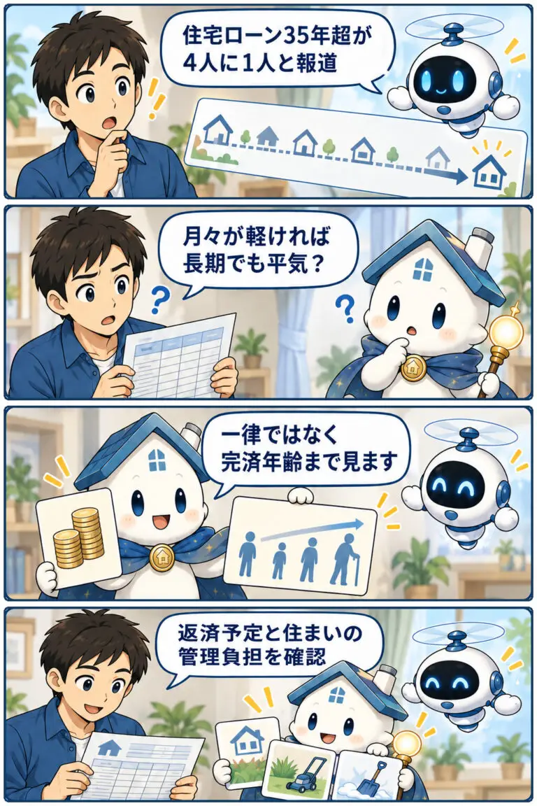 住宅ローン「35年超」が4人に1人という見出し、長期返済で見るべき点の要点と確認点を、ケンタとガーディアンが整理する縦4コマ漫画。
