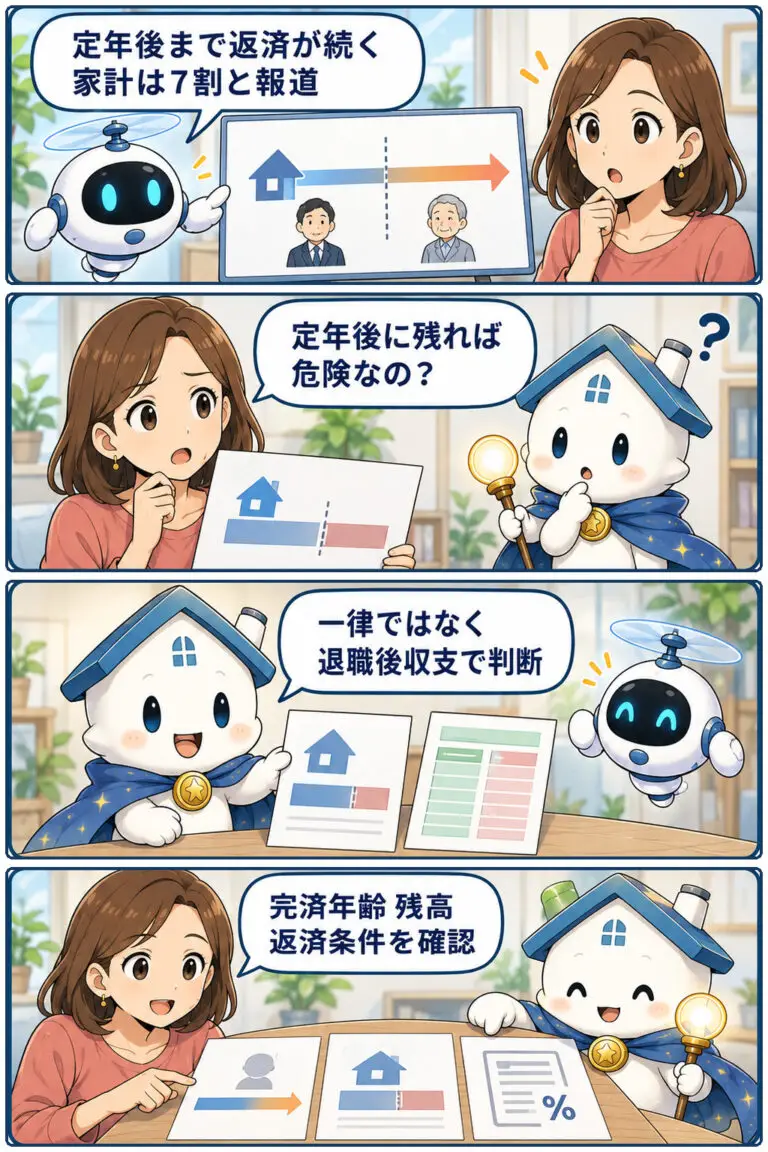 住宅ローン返済が定年後に及ぶ家計、7割との指摘の要点と確認点を、ヒロミとガーディアンが整理する縦4コマ漫画。