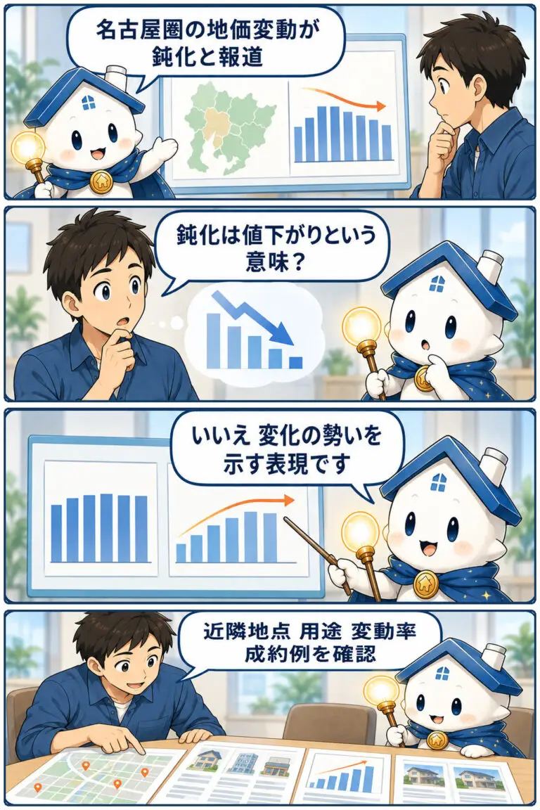 名古屋圏の基準地価、鈍化を読む際の確認点の要点と確認点を、ケンタとガーディアンが整理する縦4コマ漫画。