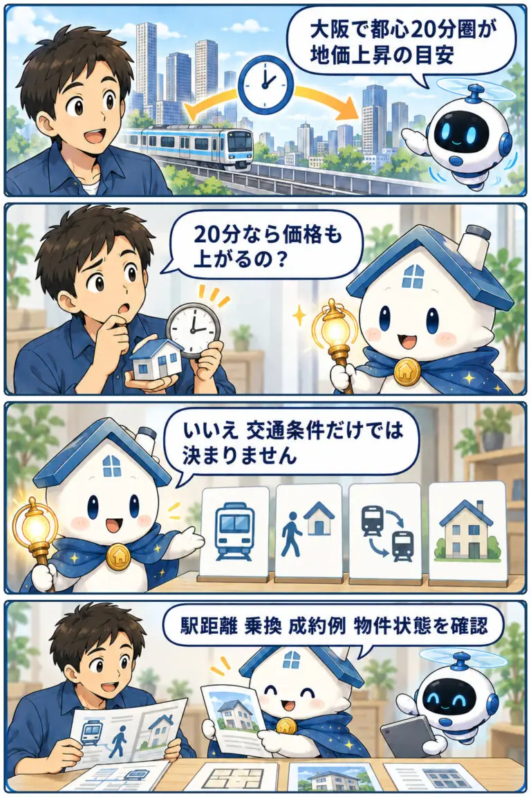 大阪の住宅地、都心20分圏が上昇の目安かの要点と確認点を、ケンタとガーディアンが整理する縦4コマ漫画。