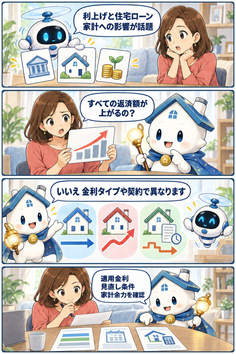 「最速」利上げが住宅ローンと住宅購入に与える影響を確認の要点と確認点を、ヒロミとガーディアンが整理する縦4コマ漫画。