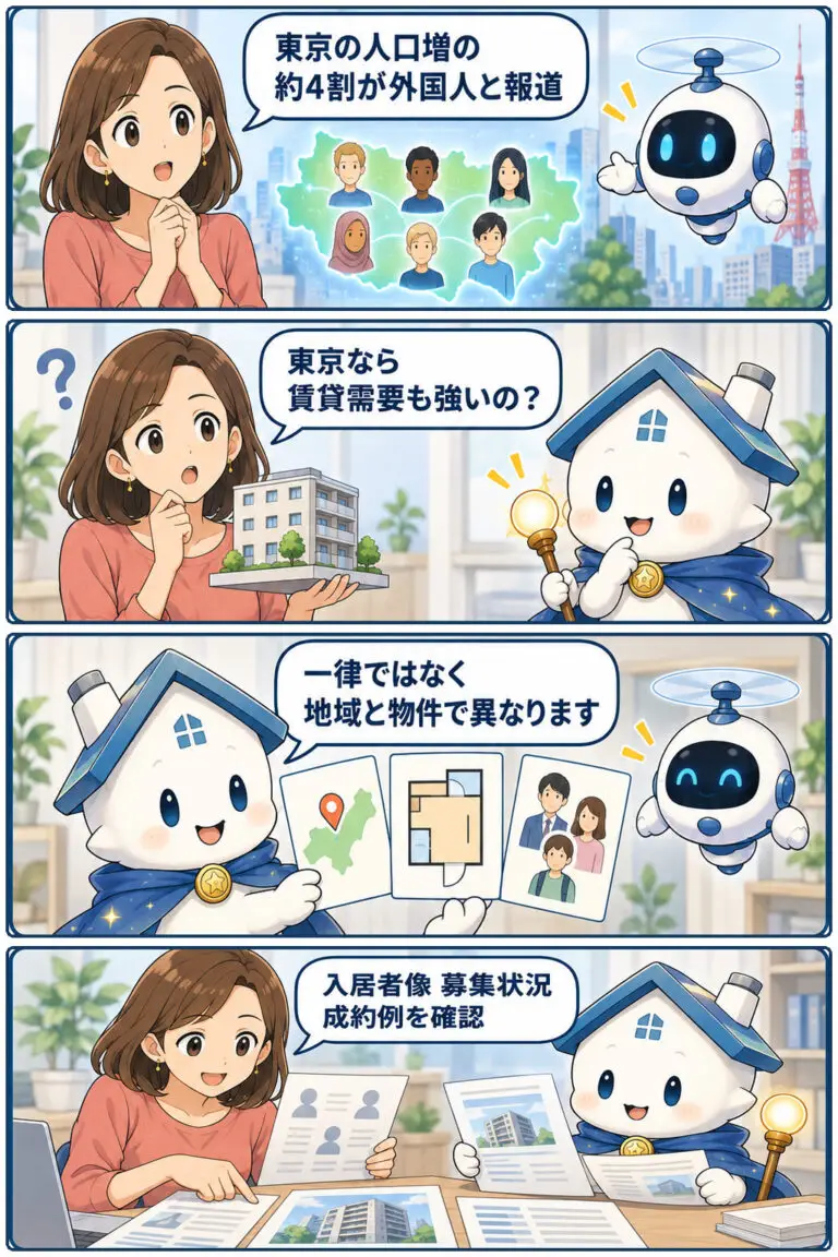 東京の人口増、外国人比率と不動産投資を考えるの要点と確認点を、ヒロミとガーディアンが整理する縦4コマ漫画。