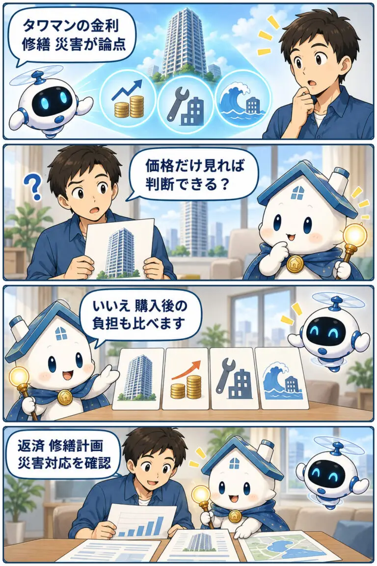 タワマン購入で見るべき金利・修繕費・災害リスクの要点と確認点を、ケンタとガーディアンが整理する縦4コマ漫画。