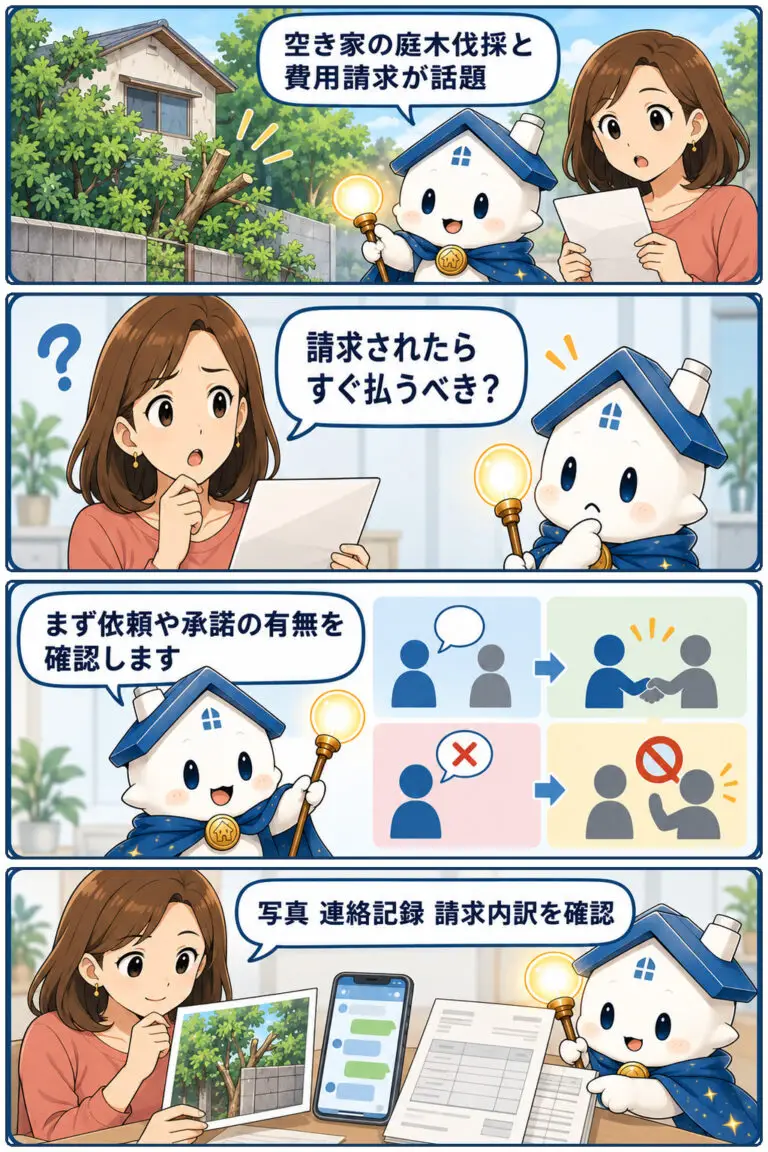 空き家の庭木を隣人が伐採、費用請求を受けたときの確認点の要点と確認点を、ヒロミとガーディアンが整理する縦4コマ漫画。