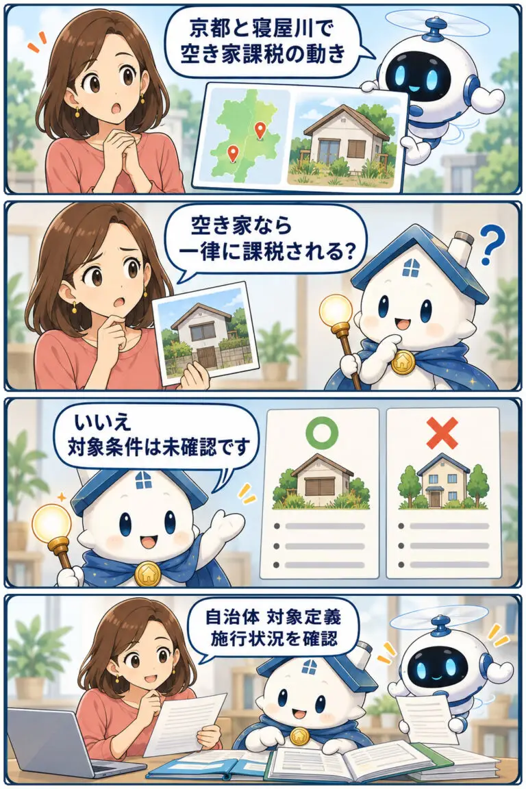 京都・寝屋川で空き家への独自課税を検討かの要点と確認点を、ヒロミとガーディアンが整理する縦4コマ漫画。