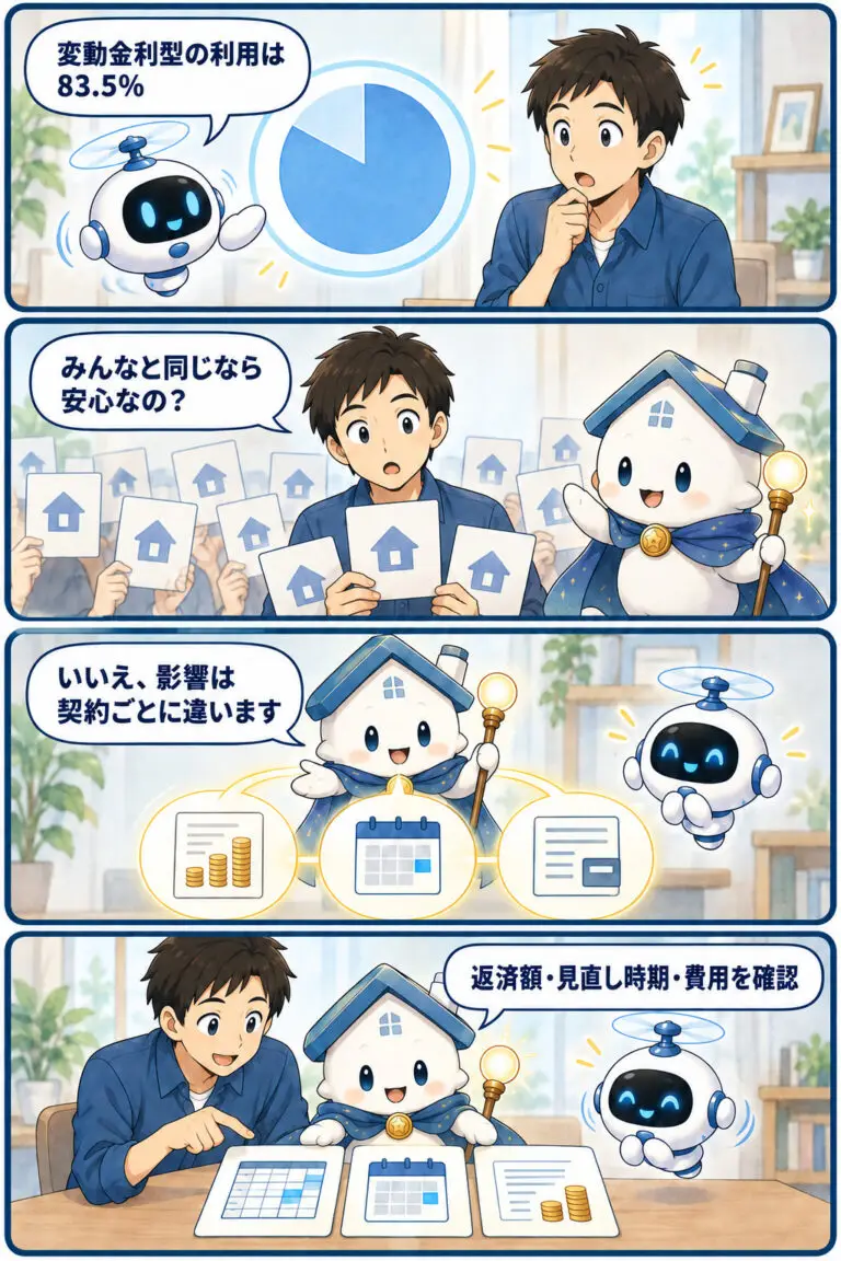 変動金利型の利用割合83.5％について、ケンタが多数派なら安心か尋ね、ガーディアンとデータンが影響は契約ごとに異なることと返済額・見直し時期・費用の確認を案内する縦4コマ漫画。